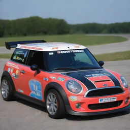 A Mini Cooper redefined in a NASCAR style, showcasing bold colors, racing alterations, and bedecked with assorted sponsor decals.