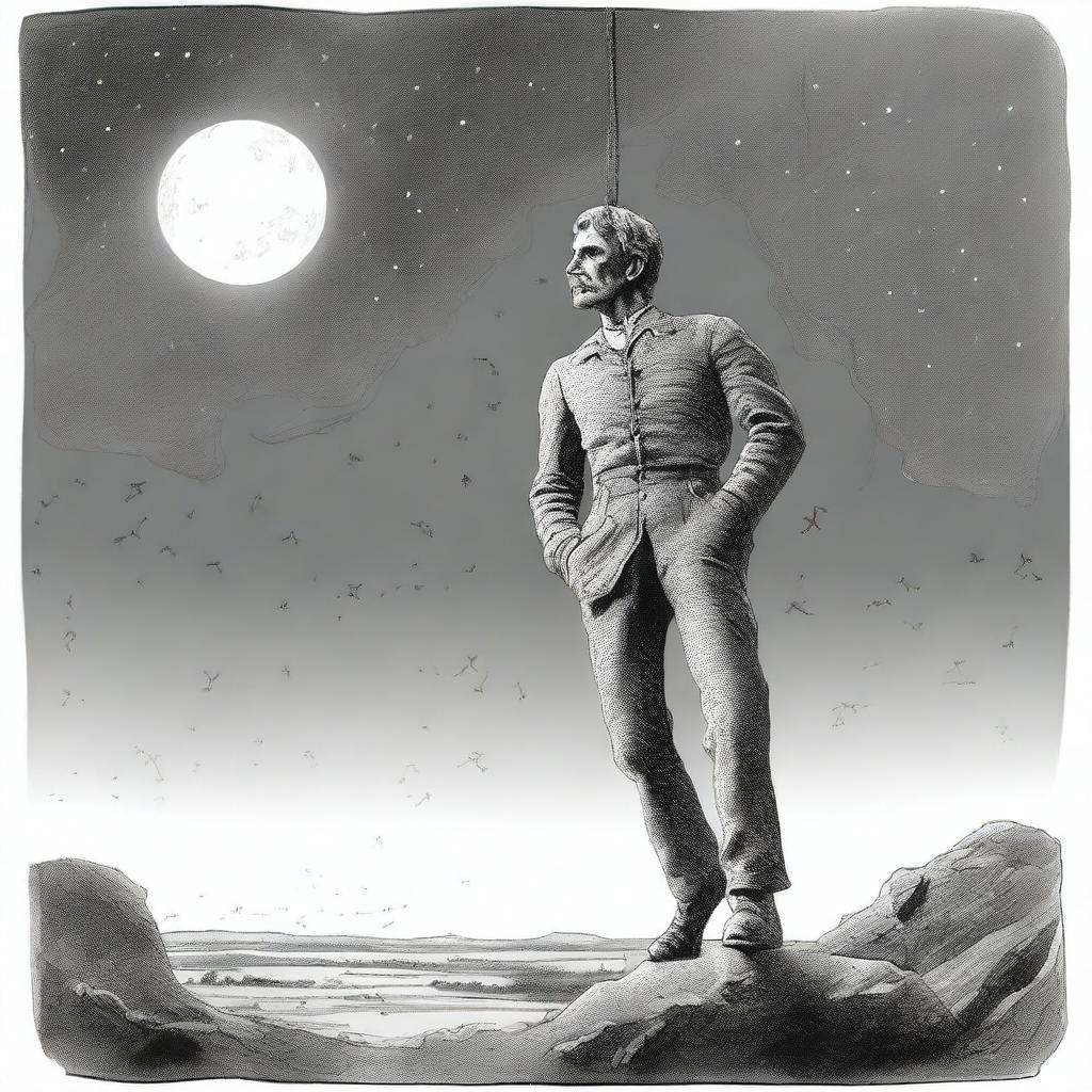 At midnight, a man climbing down a rope, suspended from the ear of a large sculptured head of Henry Lawson, in the sky with twinkling stars
