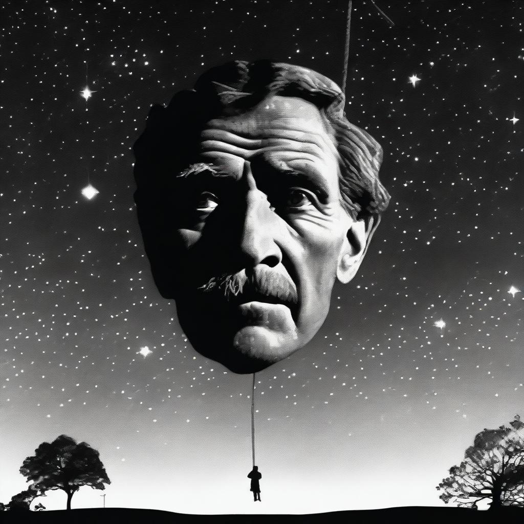 A realistic black and white image set at midnight, featuring a man climbing down a rope suspended from the ear of a large sculptured head of Henry Lawson