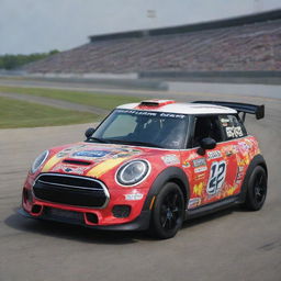 A Mini Cooper redefined in a NASCAR style, showcasing bold colors, racing alterations, and bedecked with assorted sponsor decals.