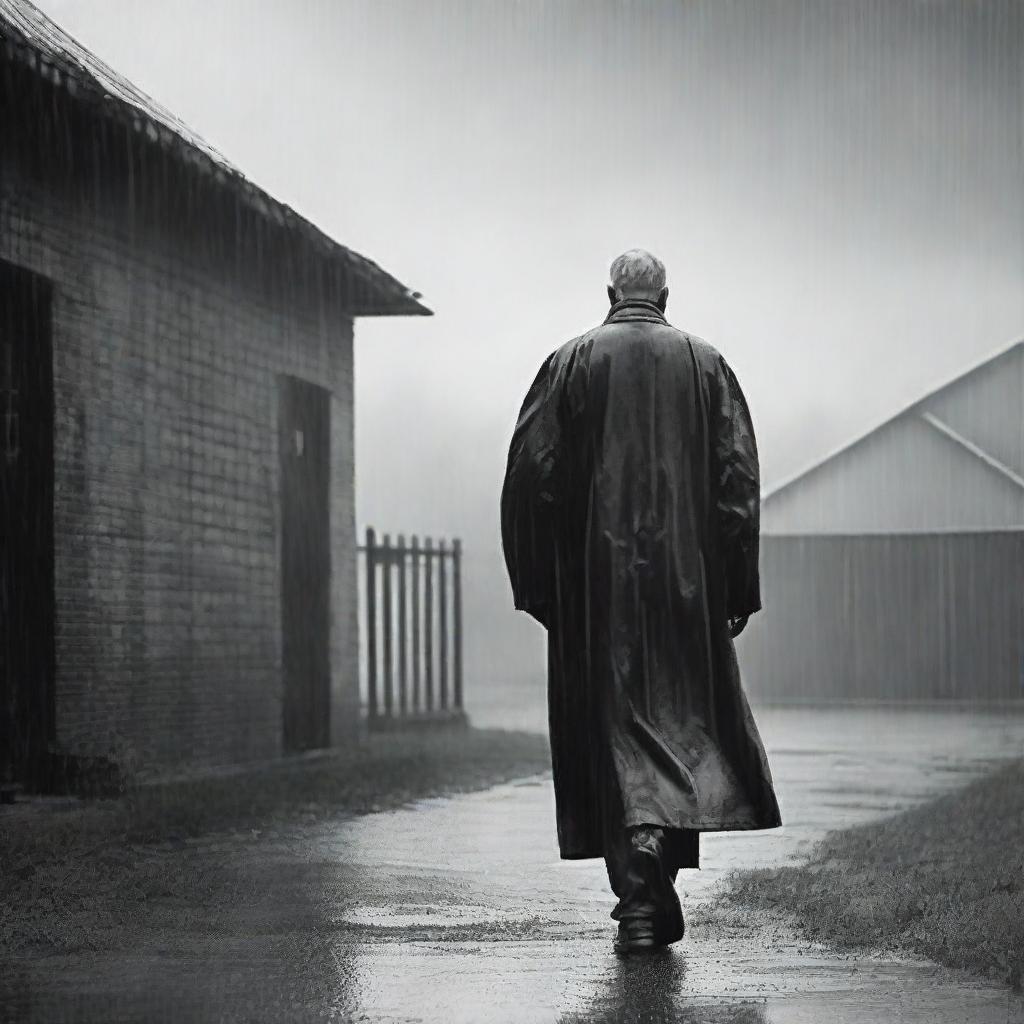 An old priest walking in the rain outside of a prison in the countryside, sketched in black and white