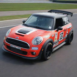 A Mini Cooper redefined in a NASCAR style, showcasing bold colors, racing alterations, and bedecked with assorted sponsor decals.