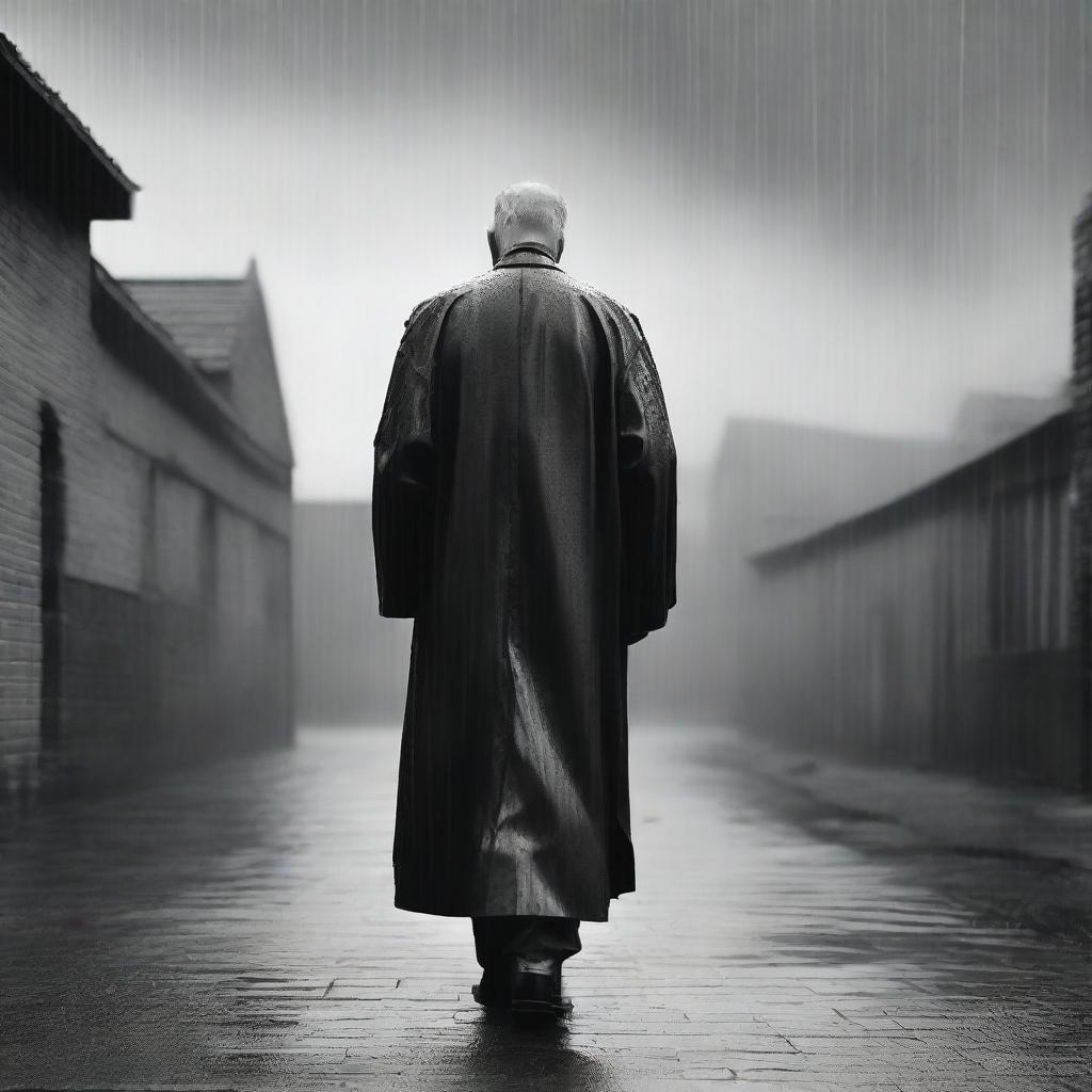 An old priest walking towards the viewer in the rain, outside of a prison in the countryside, sketched in black and white
