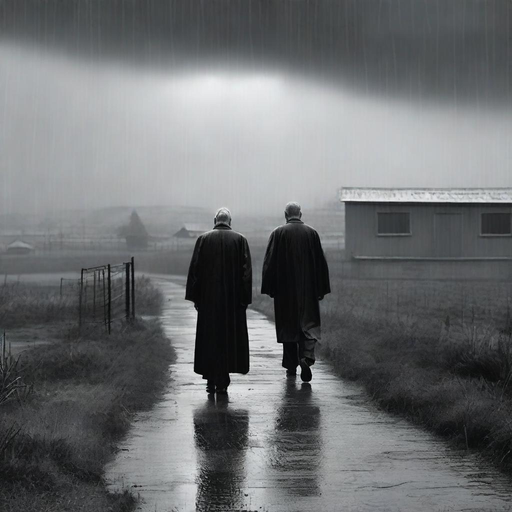 An old priest walking towards us in the rain, outside of a prison in the countryside