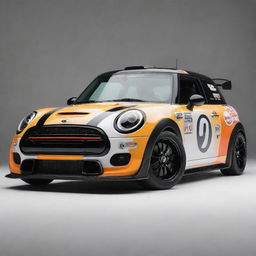 A Mini Cooper redefined in a NASCAR style, showcasing bold colors, racing alterations, and bedecked with assorted sponsor decals.