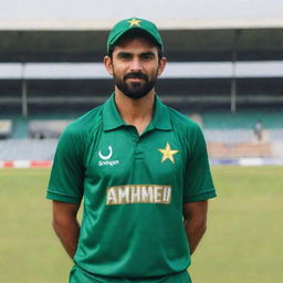 Cricket player in a Pakistani uniform, with the name 'Ahmed' displayed proudly on the shirt.