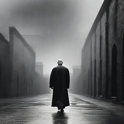 An old priest walking in the rain outside a prison, captured in a wide vista