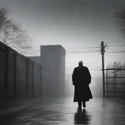 An old priest walking in the rain outside a prison, captured in a wide vista