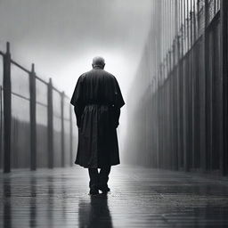 An old priest walking in the rain outside a prison, captured in a wide vista