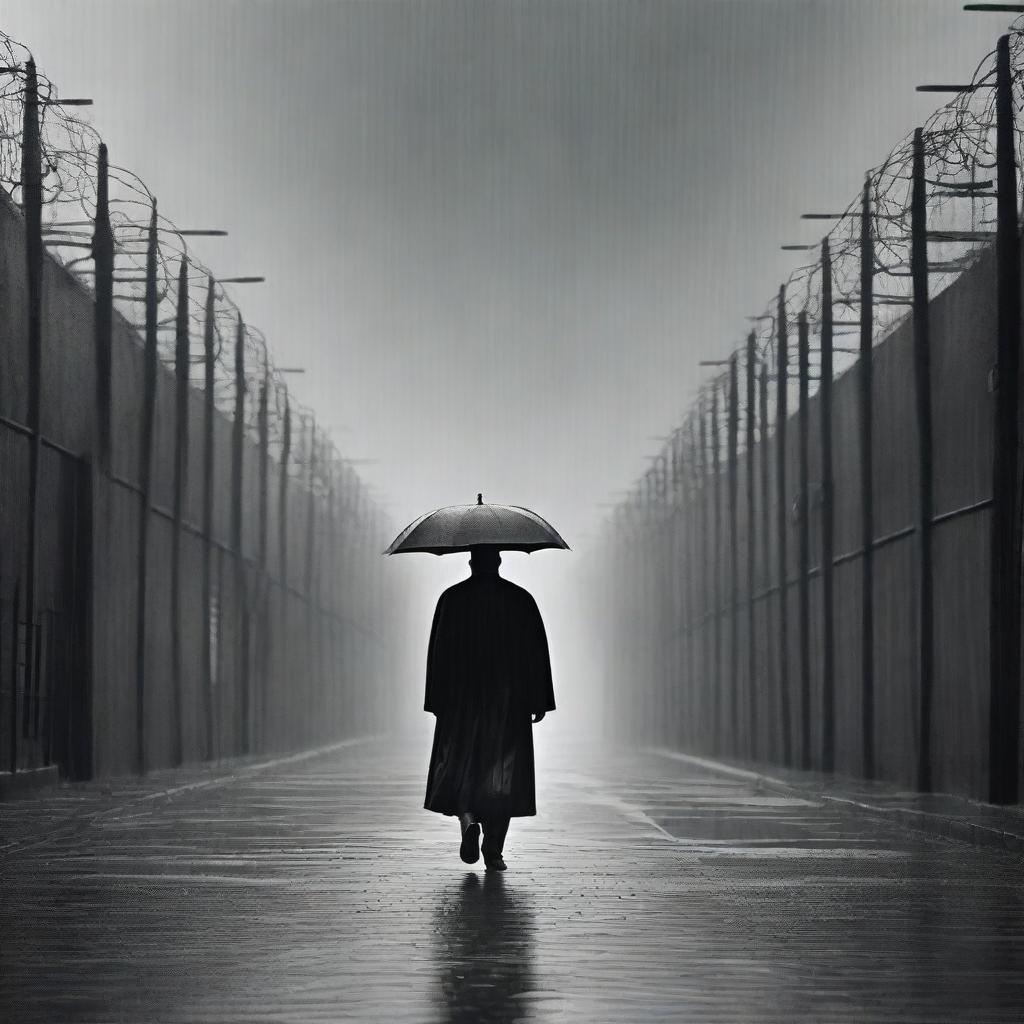 An old priest walking in the rain outside a prison, captured in a wide vista