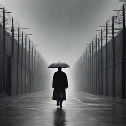 An old priest walking in the rain outside a prison, captured in a wide vista