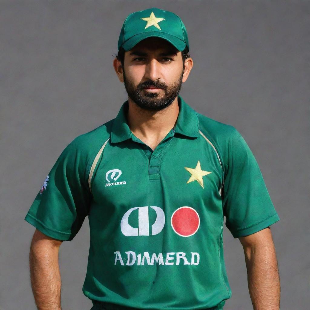 Cricket player in a Pakistani uniform, with the name 'Ahmed' displayed proudly on the shirt.