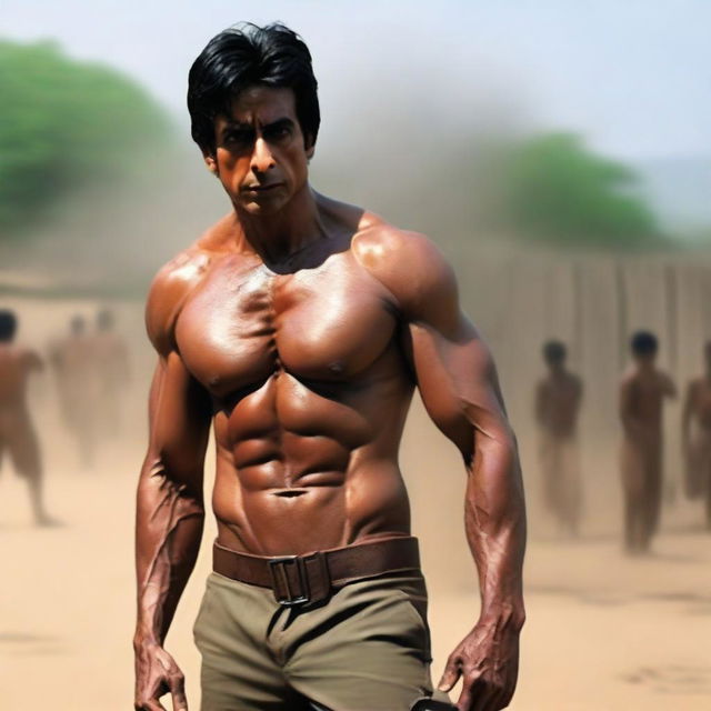 Create an image of Sonu Sood in a dramatic scene where he is shirtless and in the act of killing someone