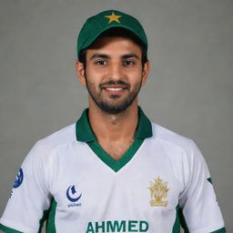 Cricket player in a Pakistani uniform, with the name 'Ahmed' displayed proudly on the shirt.