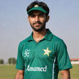 Cricket player in a Pakistani uniform, with the name 'Ahmed' displayed proudly on the shirt.