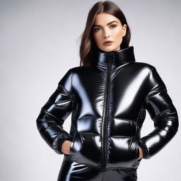 A captivating image of a woman wearing a tight, black, shiny puffer suit
