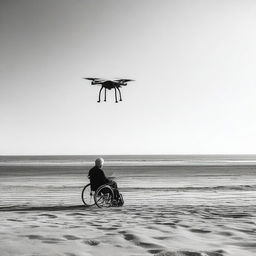 A solitary man in a wheelchair piloting a drone on the esplanade of an empty beach