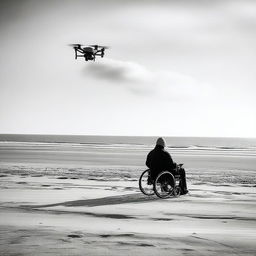 A solitary man in a wheelchair piloting a drone on the esplanade of an empty beach