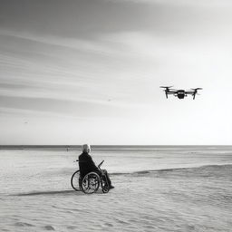 A solitary man in a wheelchair piloting a drone on the esplanade of an empty beach