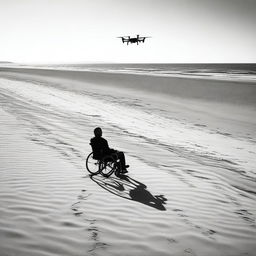 A solitary man in a wheelchair piloting a drone on the esplanade of an empty beach