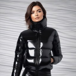 A captivating image of a woman wearing a tight, black, shiny puffer suit