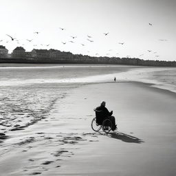 A solitary man in a wheelchair piloting a drone on the esplanade of an empty beach, with some seagulls flying around