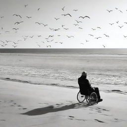 A solitary man in a wheelchair piloting a drone on the esplanade of an empty beach, with some seagulls flying around