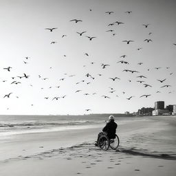 A solitary man in a wheelchair piloting a drone on the esplanade of an empty beach, with some seagulls flying around