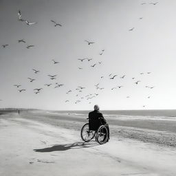 A solitary man in a wheelchair piloting a drone on the esplanade of an empty beach, with some seagulls flying around