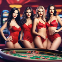 Create an image of multiple women in red lingerie playing at a casino