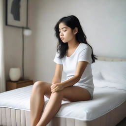 A girl sitting on the edge of a bed mattress that is visibly sinking under her weight