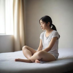 A girl sitting on the edge of a bed mattress that is visibly sinking under her weight