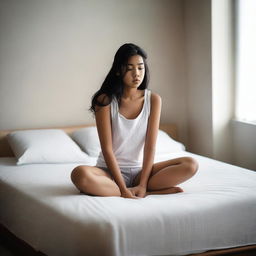 A girl sitting on the edge of a bed mattress that is visibly sinking under her weight