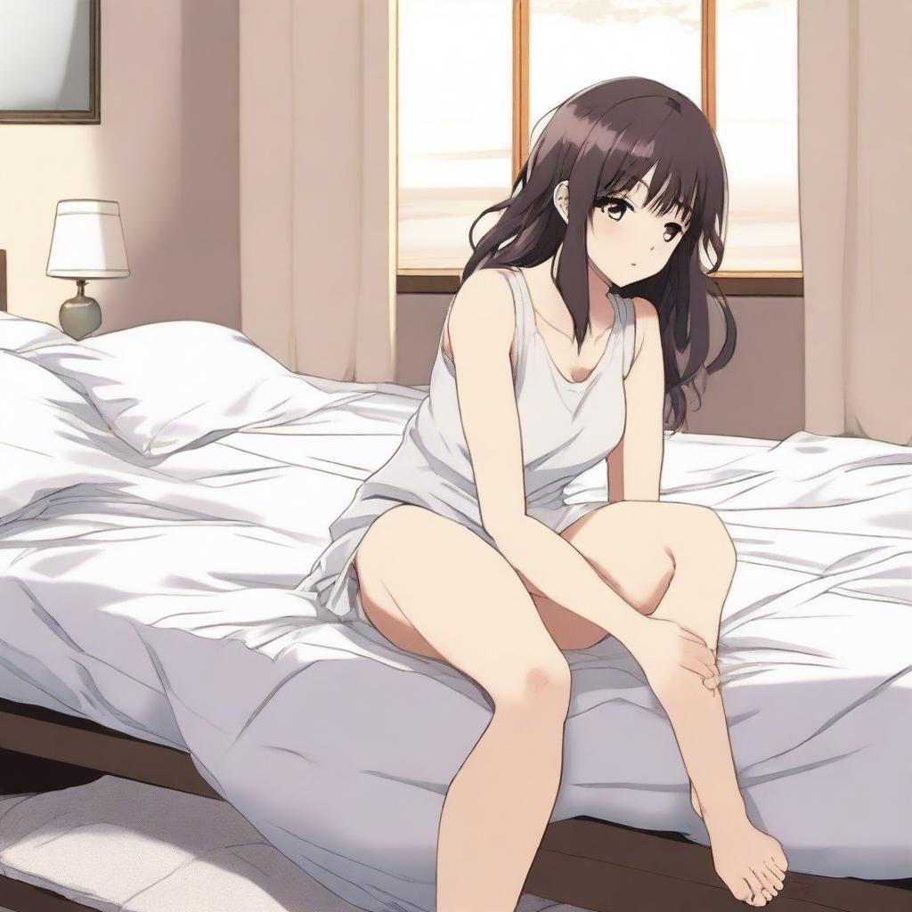 An anime girl sitting on the edge of a bed mattress that is visibly sinking under her weight