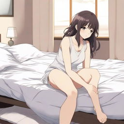An anime girl sitting on the edge of a bed mattress that is visibly sinking under her weight