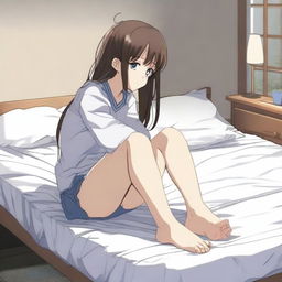 An anime girl sitting on the edge of a bed mattress that is visibly sinking under her weight