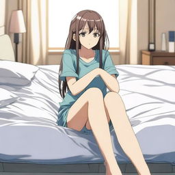 An anime girl sitting on the edge of a bed mattress that is visibly sinking under her weight