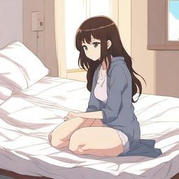 An anime girl kneeling on a bed mattress that is visibly sinking under her weight