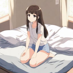 An anime girl kneeling on a bed mattress that is visibly sinking under her weight