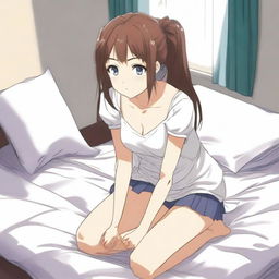 An anime girl kneeling on a bed mattress that is visibly sinking under her weight