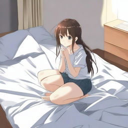 An anime girl kneeling on a bed mattress that is visibly sinking under her weight