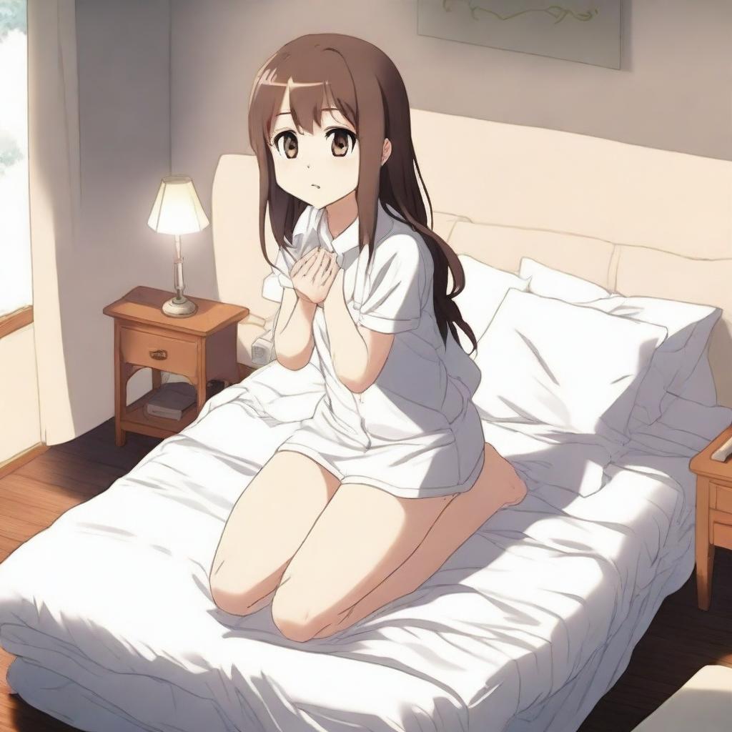 An anime girl kneeling on a bed mattress that is visibly sinking under her weight