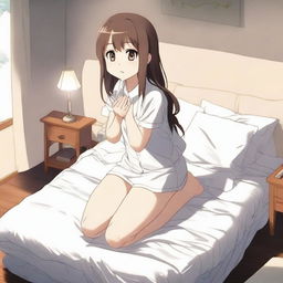 An anime girl kneeling on a bed mattress that is visibly sinking under her weight