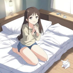 An anime girl kneeling on a bed mattress that is visibly sinking under her weight