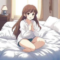 An anime girl kneeling on a bed mattress that is visibly sinking under her weight