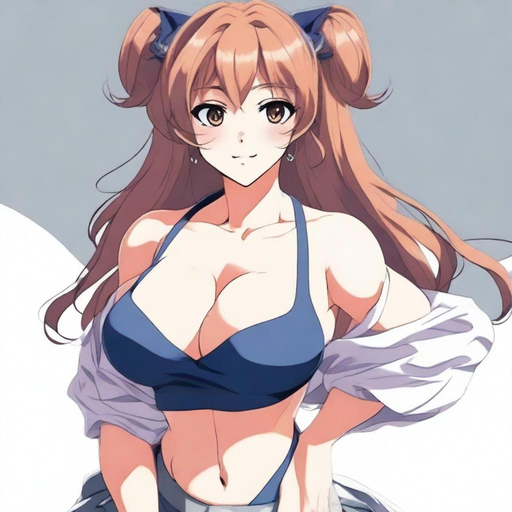 Create an anime-style image featuring a female character with exaggerated proportions, including large breasts