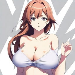 Create an anime-style image featuring a female character with exaggerated proportions, including large breasts