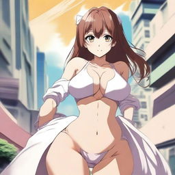 Create an anime-style image featuring a female character with exaggerated proportions, including large breasts