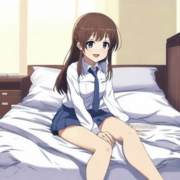 An anime girl in a school uniform kneeling on a bed with her legs spread, the mattress visibly sinking under her weight