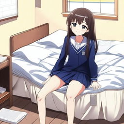 An anime girl in a school uniform kneeling on a bed with her legs spread, the mattress visibly sinking under her weight